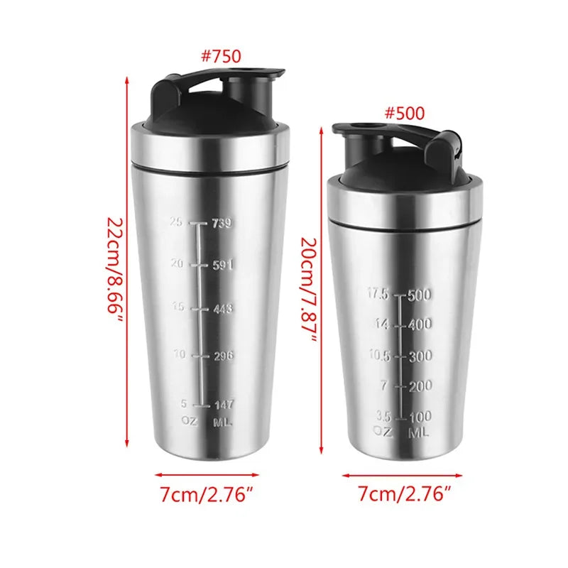 Stainless Steel Protein Powder Shaker Bottle 500/750ml Leak Proof Water Bottle for Gym Fitness Sport Whey Shakes Cup with Scale