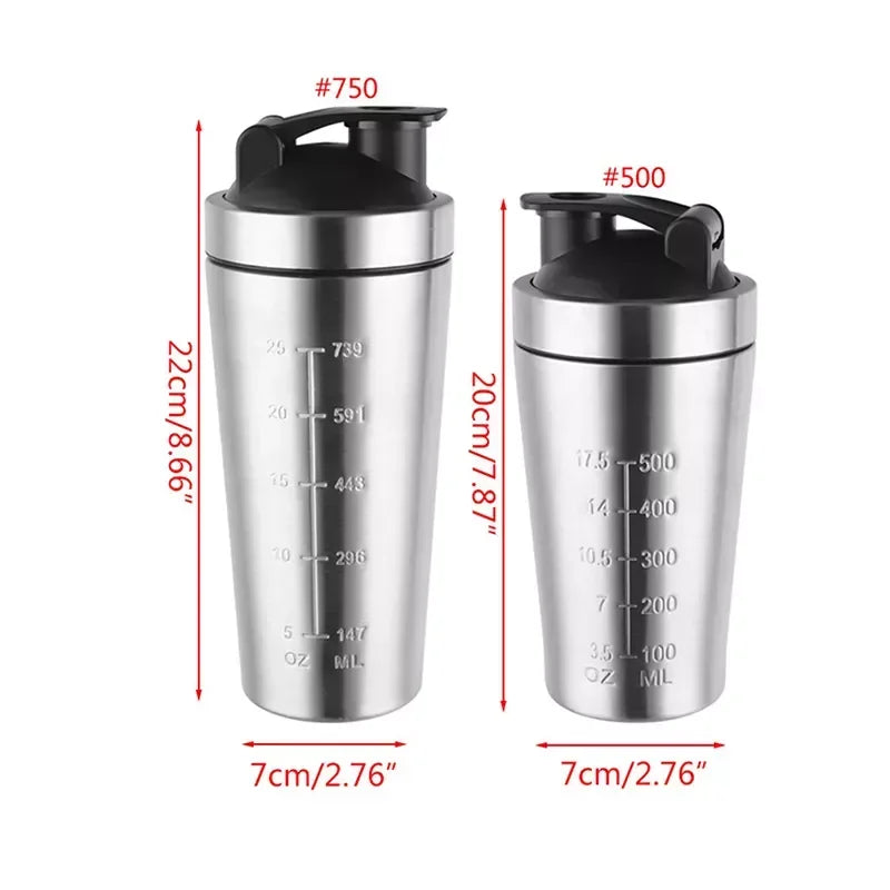Stainless Steel Protein Powder Shaker Bottle 500/750ml Leak Proof Water Bottle for Gym Fitness Sport Whey Shakes Cup with Scale