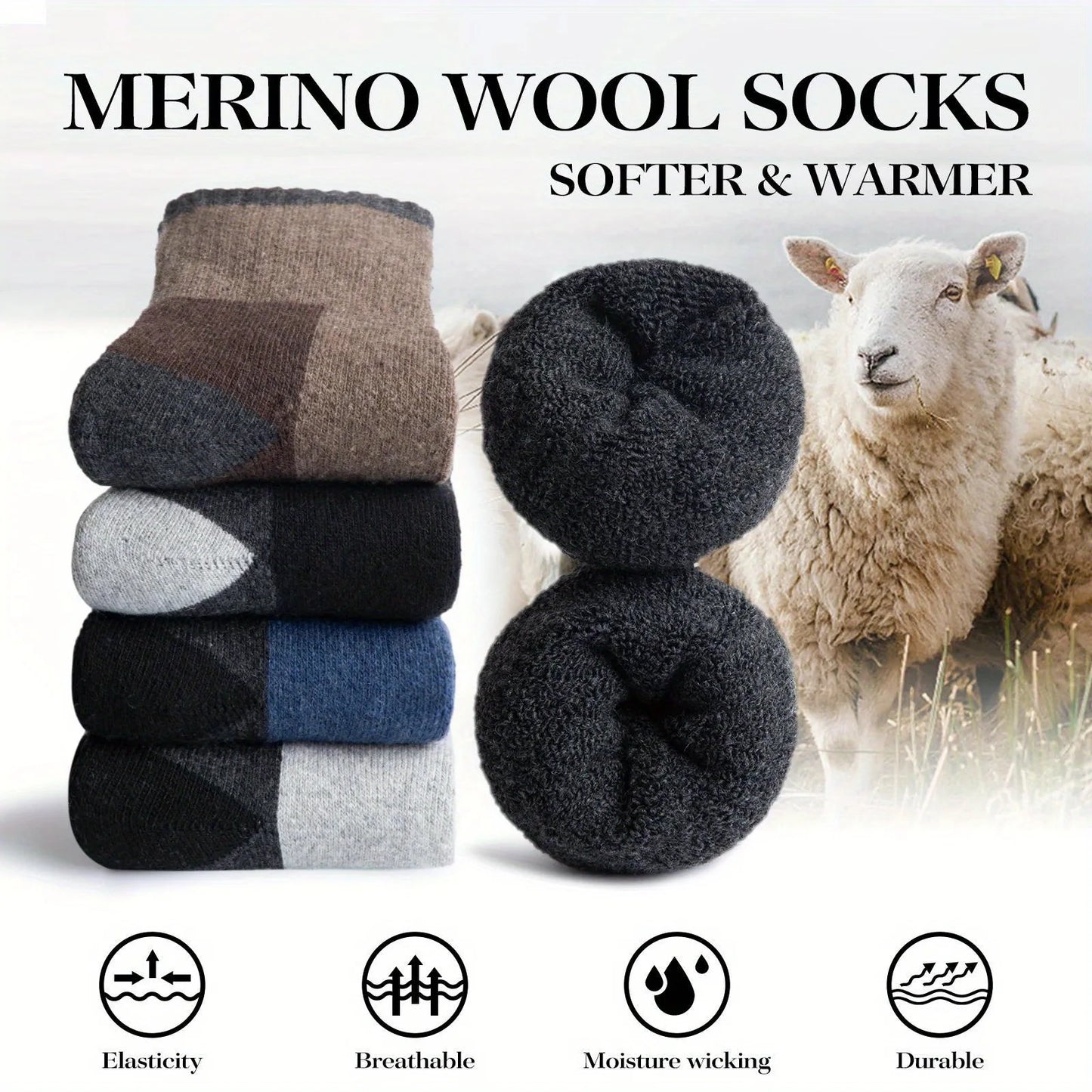 1 Pairs Winter Men's Durable Wool Socks Autumn Winter Warm Women's Hiking Anti-Odor Outdoor Sports Socks Snow Warmer Socks