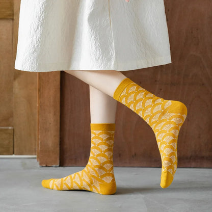 1Pair Fashion Elegant Harajuku Woman Floral White Socks Vintage Jacquard Korea Ethnic Cotton Casual Cute Girls Funny Brown Sox