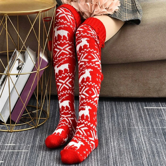 Christmas Themed Jacquard Knitted Over Knee Socks Plush Balls Bowknot Thigh High Stockings Leg Warmers for Women